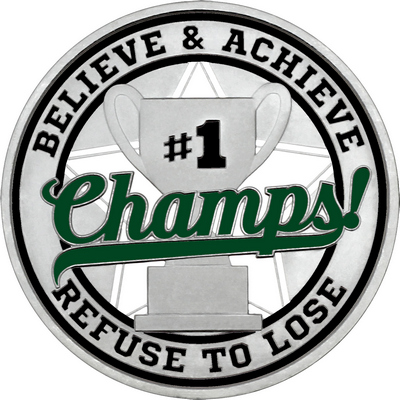 Dark Green "Champs!" with Black Outer Circular Borders